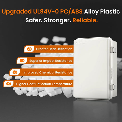 UL94 V0 Outdoor Electrical Box 11.4 x 7.5 x 5.5 Inches Pro Waterproof Weatherproof Junction Enclosure Constructed From PC ABS Alloy Plastic With Grey Hinged Door IP67 Construction For Harsh Exterior Environments highlighted with benefits.