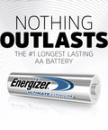 Energizer Ultimate Lithium AA battery with text highlighting durability and longevity for cameras and smart home devices.