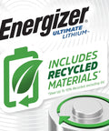 Close-up of Energizer Ultimate Lithium battery with recycled materials logo, highlighting eco-friendly aspect.