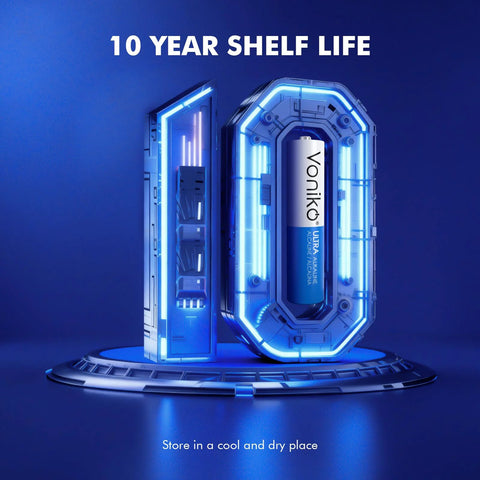 Ultra AAA Alkaline Batteries 24 Pack With Long Lasting Power 10 Year Shelf Life, futuristic design emphasizing shelf life