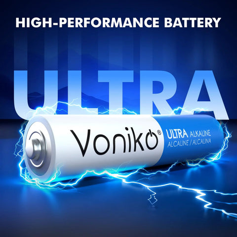 Ultra AAA Alkaline Batteries 24 Pack With Long Lasting Power 10 Year Shelf Life, close-up of single battery with glowing effect.