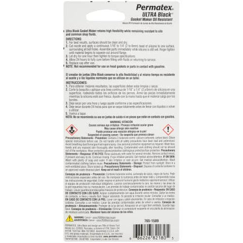 Back view of Permatex Ultra Black Maximum Oil Resistant RTV Silicone Gasket Maker packaging with instructions and warnings visible.