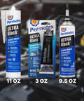 Ultra Black Maximum Oil Resistant RTV Silicone Gasket Maker bottles in 11 oz, 3 oz, and 9.5 oz for heavy duty applications.
