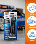 Ultra Black Maximum Oil Resistant RTV Silicone Gasket Maker 3 Oz tube with car and icons for oil pan, transmission, marine use