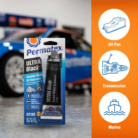 Ultra Black Maximum Oil Resistant RTV Silicone Gasket Maker 3 Oz tube with car and icons for oil pan, transmission, marine use