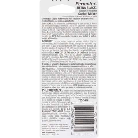 Back view of Ultra Black Maximum Oil Resistance RTV Silicone Gasket Maker Sealant product packaging with instructions and barcode