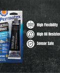 Ultra Black RTV Silicone Gasket Maker in packaging, 3 oz tube, high flexibility, oil resistance, sensor safe, OEM approved.