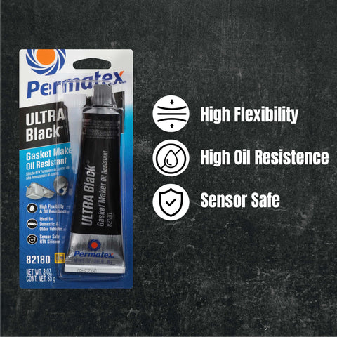 Ultra Black RTV Silicone Gasket Maker in packaging, 3 oz tube, high flexibility, oil resistance, sensor safe, OEM approved.