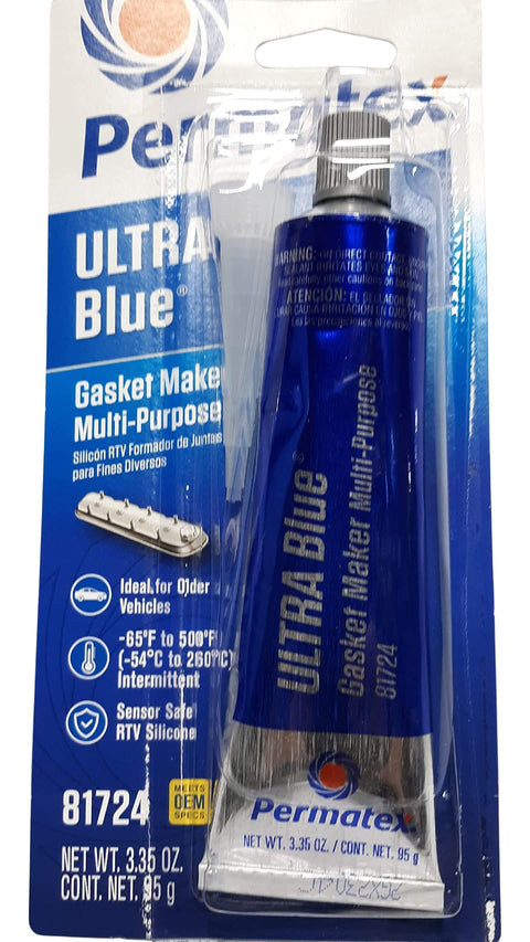 Ultra Blue Multipurpose RTV Silicone Gasket Maker, 3.35 oz Tube, Sensor Safe, Low Odor, Three Times Oil Resistant packaging