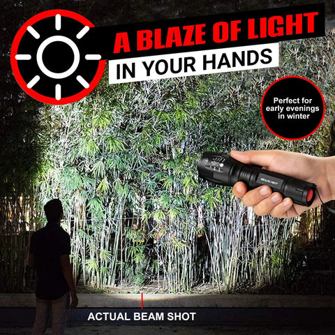 Two compact, ultra-bright LED flashlights offer reliable, pocket-ready light for camping, hunting, home emergencies and everyday tasks with a five-mode, zoomable beam and battery-powered operation (batteries not included) used to illuminate a forest scene.
