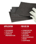 Gloved hand holding Ultra Fine Hand Pad 6 X 9 Inch Nonwoven Silicon Carbide for Surface Prep, showing application uses.