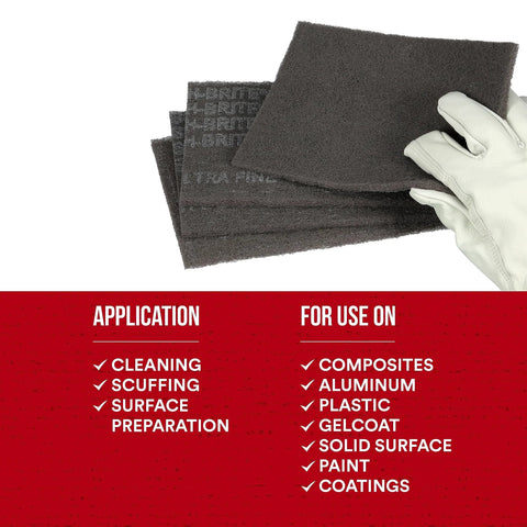 Gloved hand holding Ultra Fine Hand Pad 6 X 9 Inch Nonwoven Silicon Carbide for Surface Prep, showing application uses.