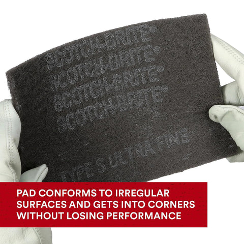 Hands holding Ultra Fine Hand Pad 6 X 9 Inch Nonwoven Silicon Carbide For Surface Prep, text highlighting versatility