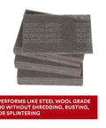 Stack of Ultra Fine Hand Pad 6 X 9 Inch Nonwoven Silicon Carbide For Surface Prep with text about steel wool performance.