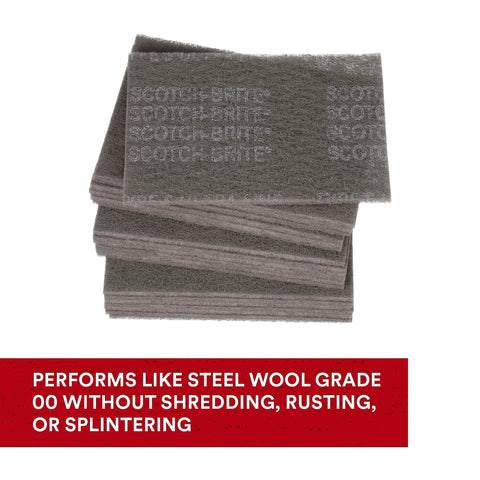 Stack of Ultra Fine Hand Pad 6 X 9 Inch Nonwoven Silicon Carbide For Surface Prep with text about steel wool performance.