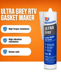 Ultra Gray Rigid High Torque RTV Silicone Gasket Maker 13 Oz Pack Of 6 Engine Sealant bottle front with benefits listed.