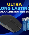 Wireless mouse next to 24 Count AA Batteries Alkaline Long Lasting Power Reclosable Packaging on a blue background