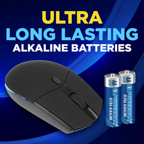 Wireless mouse next to 24 Count AA Batteries Alkaline Long Lasting Power Reclosable Packaging on a blue background