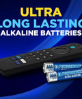 24 Pack AAA Alkaline Batteries Ultra Long Lasting For Home And Office Use shown with remote control