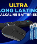 Alkaline Battery 24 Count Pack 12 AA And 12 AAA Reclosable Packaging shown with mouse and remote control