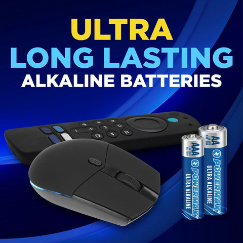 Alkaline Battery 24 Count Pack 12 AA And 12 AAA Reclosable Packaging shown with mouse and remote control