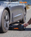 Low Profile 5 Ton 12V Electric Car Jack Kit With Built In Inflator LED Light And Wrench being used under a car