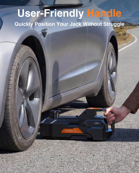 Low Profile 5 Ton 12V Electric Car Jack Kit With Built In Inflator LED Light And Wrench being used under a car