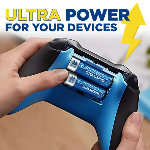 Hands inserting 24 Count AA Batteries Alkaline Long Lasting Power Reclosable Packaging into a blue gaming controller.