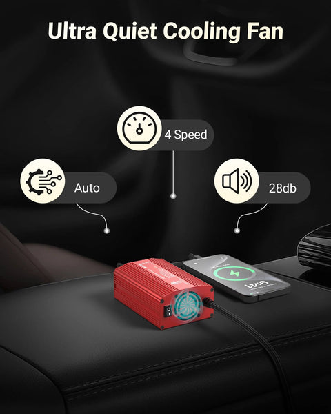 Power Inverter 12V DC To 110V AC For Cars With Aluminum Housing, 300W Continuous And 700W Peak, 2 AC Outlets And 2 USB Fast Charging Ports on car seat