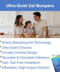 Ultra Quiet Gel Bumpers 104 Piece Variety Pack With Multi Compound Polyurethane Skin And Gel Core, Shock Absorbing Noise Dampening For Cabinets, Drawers, Interior Doors, And Sliding Doors, Protect Surfaces And Keep Living Spaces Quiet packaging with family in kitchen
