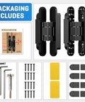 Ultra Quiet Hidden Door Hinge With 3D Micro Adjustable Fit packaging, includes hinges, screws, and adjustment tools