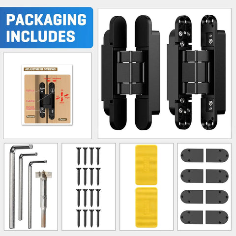 Ultra Quiet Hidden Door Hinge With 3D Micro Adjustable Fit packaging, includes hinges, screws, and adjustment tools