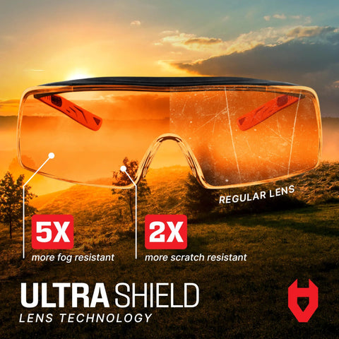 Blue Light Blocking Glasses for Over Glasses With ANSI Z87 1 and UV Protection showcasing Ultra Shield lens technology at sunrise.