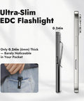Side view of ultra-slim EDC flashlight next to phone, showing compact size for pocket carry, highlighting its thin design.