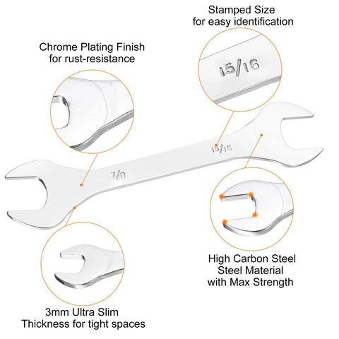 Ultra Slim SAE Open End Wrenches Dual Openings 7/8 by 15/16 Inches, 200mm Length, High Carbon Steel Heat Treated
