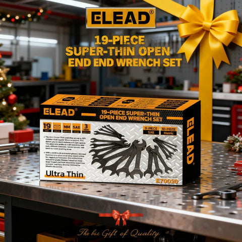 Box of Ultra Slim 19 Piece Open End Wrench Set With Roll Up Pouch on a workbench, featuring 3 mm ultra-thin profile for tight spaces.