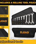 Ultra Slim 19 Piece Open End Wrench Set With Roll Up Pouch displayed in organized roll showing metric sizes and branding