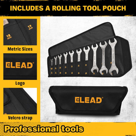 Ultra Slim 19 Piece Open End Wrench Set With Roll Up Pouch displayed in organized roll showing metric sizes and branding