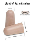 Ultra Soft Foam Earplugs 50 Pairs With 33 dB NRR For Deep Sleep And Snoring Reduction, comfortable foam material, dimensions labeled