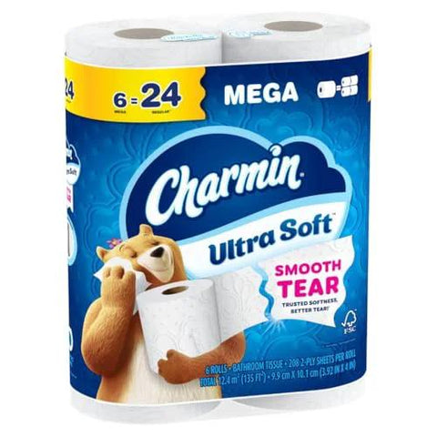 Ultra Soft Toilet Paper Mega Roll Pack With Six Mega Rolls Equaling 24 Regular Rolls Each Roll Delivers 208 Sheets.