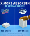 Illustration comparing ultra-soft toilet paper with leading brand for absorbency, featuring Charmin logo and stack of 200 sheets.