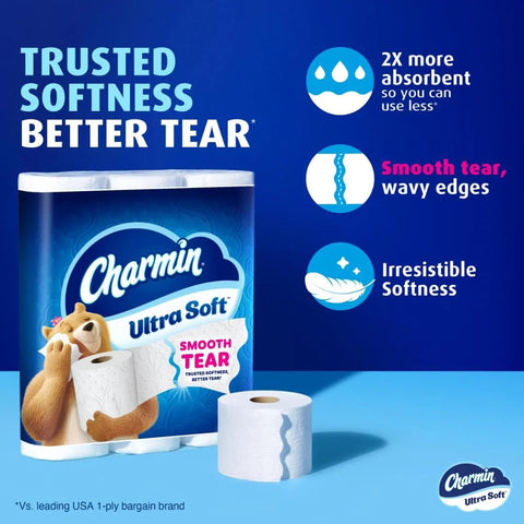 Ultra Soft Toilet Paper Mega Roll Pack With Six Mega Rolls Equaling 24 Regular Rolls, featuring softness, absorbency, and smooth tear.
