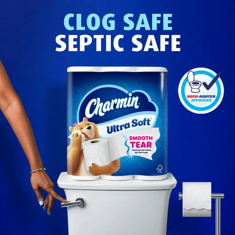 Ultra Soft Toilet Paper Mega Roll Pack With Six Mega Rolls Equaling 24 Regular Rolls on a toilet tank, clog and septic safe