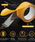 Ultra Thin Clear Double Sided Tape Heavy Duty Adhesive 2 Inch By 66 Feet with liner, features, and roll length on a black background