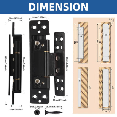 Dimensions diagram of ultra thin 5 inch hidden door hinges for secret doors, 304 stainless steel, with 3D adjustable concealed hinge system.