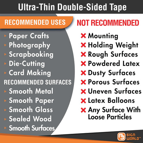 Usage chart for Ultra Thin 2 Inch Double Sided Tape For Arts And Crafts Scrapbooking Photography Tear By Hand Translucent Adhesive Tape 164 Feet Long 55 Yards Great For Cards And Photos Gift Wrapping And Do It Yourself Projects, listing recommended and not recommended applications.