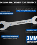 Close-up of a 3mm thick, nickel-plated open-end wrench from a 10-Piece Ultra Thin Open End Wrench Set Metric 5.5–27mm.