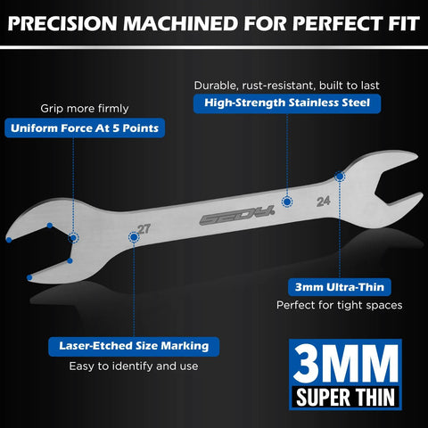 Close-up of a 3mm thick, nickel-plated open-end wrench from a 10-Piece Ultra Thin Open End Wrench Set Metric 5.5–27mm.