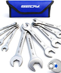 10-Piece Ultra Thin Open End Wrench Set Metric 5.5–27mm, nickel plated, with rolling storage pouch and hex nut illustration