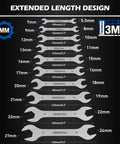 10-Piece Ultra Thin Open End Wrench Set Metric 5.5–27mm, 3mm Thick Slim Wrenches with extended length design diagram.